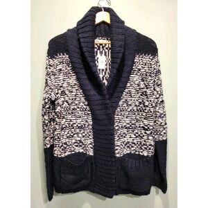 New Navy White Wool Mohair Blend Shawl Collar Cardigan Sweater Pockets XL
